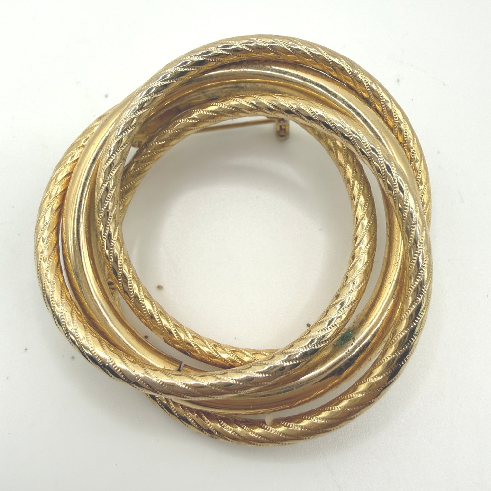Vintage‎ Circle Brooch Women Gold Textured Interlocking Triple Ring Pin unsigned